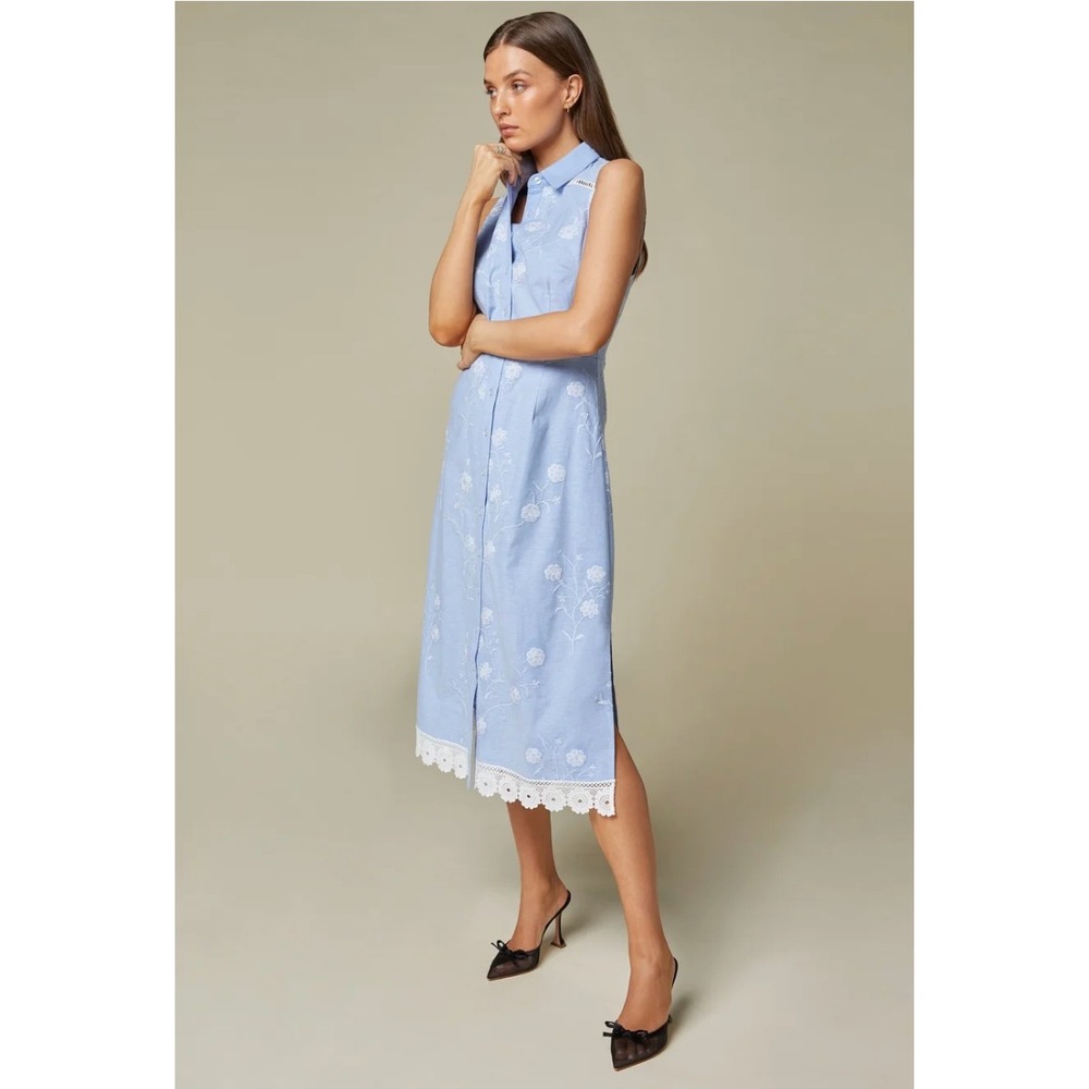 Rachel Parcell Midi Dress Women 6 Blue Embroidered Cotton Lace Trim Sleeveless